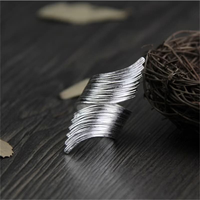 Real S999 Fine Silver Women Exaggerated Wings Design Open Rings Handmade Brushed