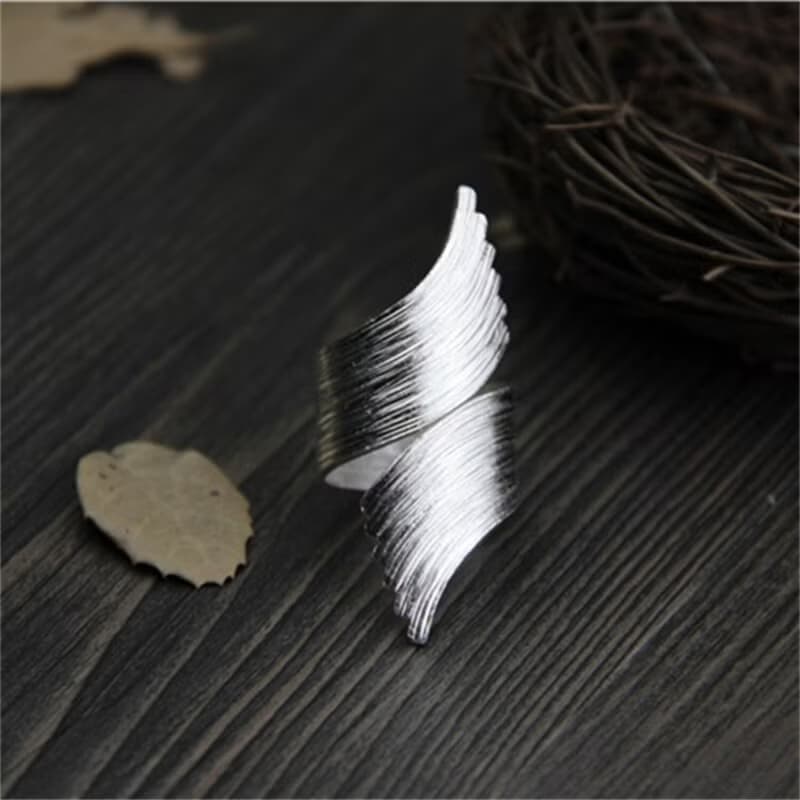 Real S999 Fine Silver Women Exaggerated Wings Design Open Rings Handmade Brushed