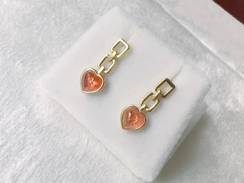 天然太陽石 日長石 純銀耳環 甜美愛心 迷人光點 好人緣