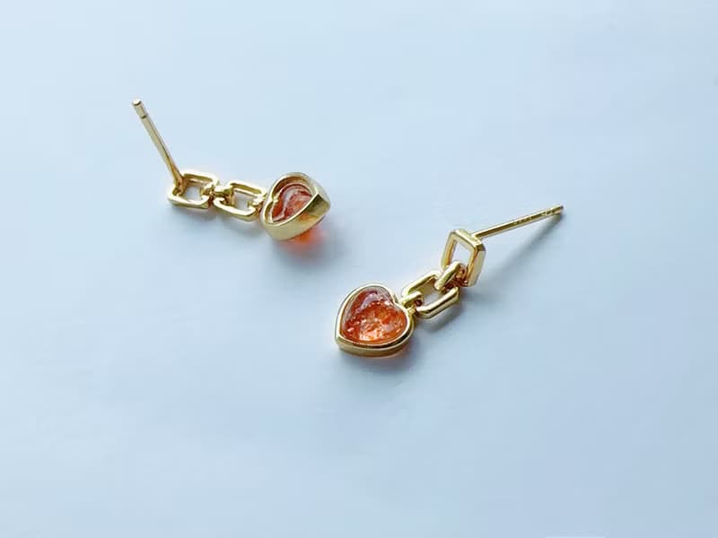 天然太陽石 日長石 純銀耳環 甜美愛心 迷人光點 好人緣