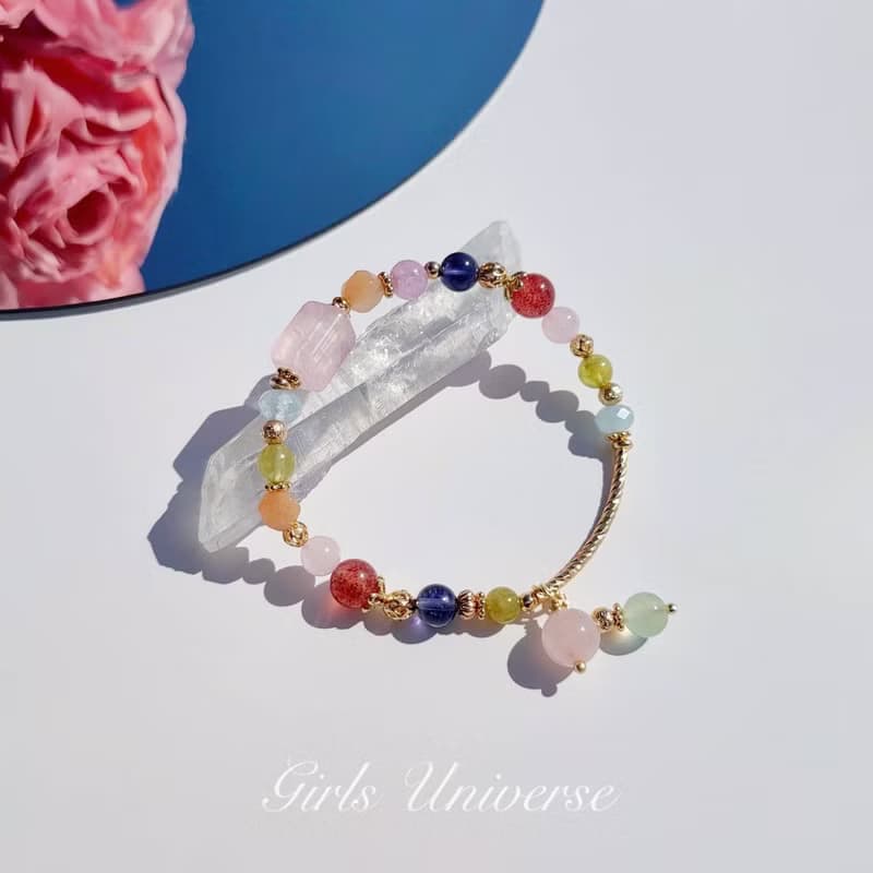 棉花糖樂園。粉晶 高品玻璃堇青石 沙弗萊石 14K包金 水晶手鍊