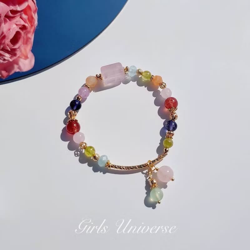 棉花糖樂園。粉晶 高品玻璃堇青石 沙弗萊石 14K包金 水晶手鍊