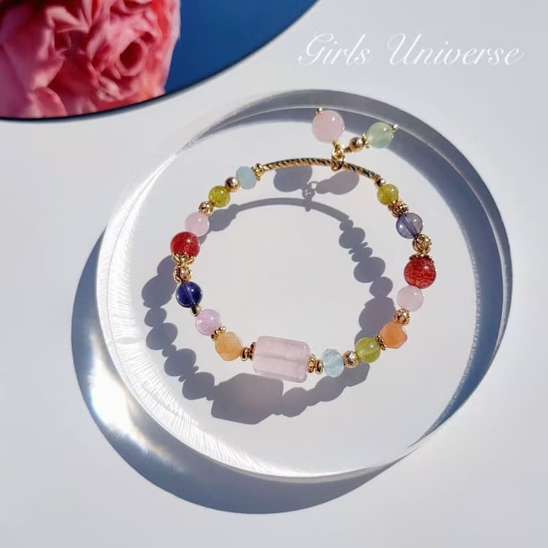 棉花糖樂園。粉晶 高品玻璃堇青石 沙弗萊石 14K包金 水晶手鍊