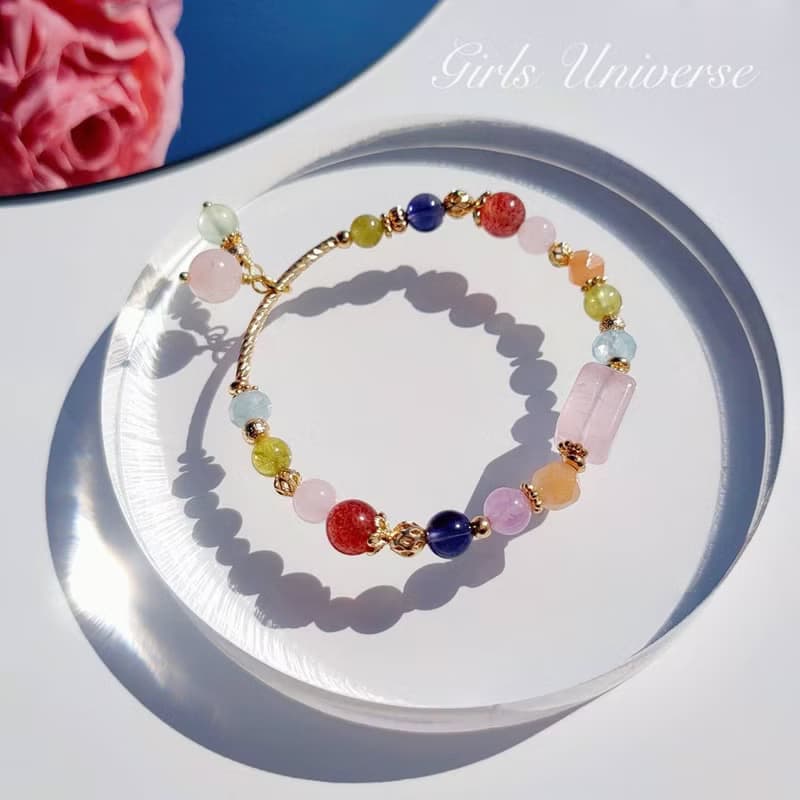 棉花糖樂園。粉晶 高品玻璃堇青石 沙弗萊石 14K包金 水晶手鍊