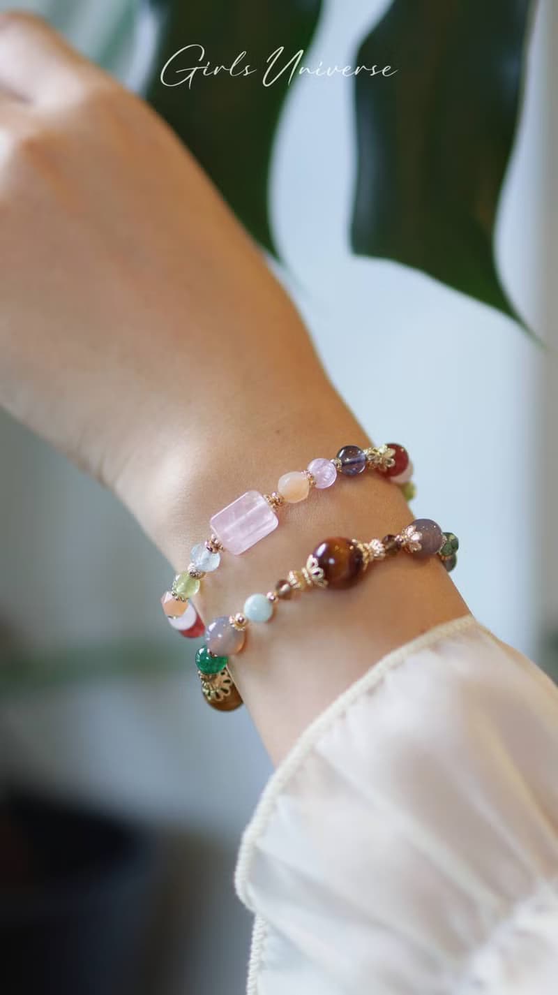 棉花糖樂園。粉晶 高品玻璃堇青石 沙弗萊石 14K包金 水晶手鍊