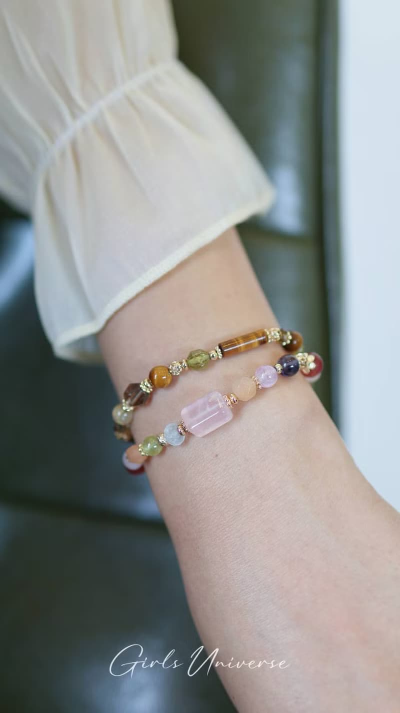 棉花糖樂園。粉晶 高品玻璃堇青石 沙弗萊石 14K包金 水晶手鍊