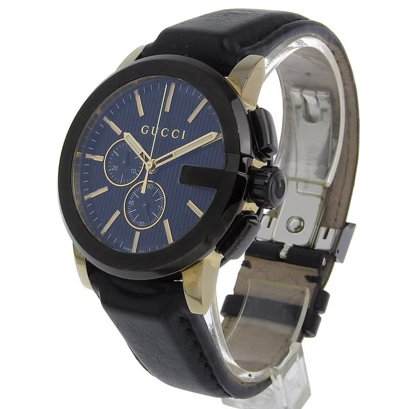 【日本直送】グッチ GUCCI Gクロノ 腕時計 101.2 SS × 型押しレザー クオーツ クロノグラフ 黒文字盤 メンズ【中古】