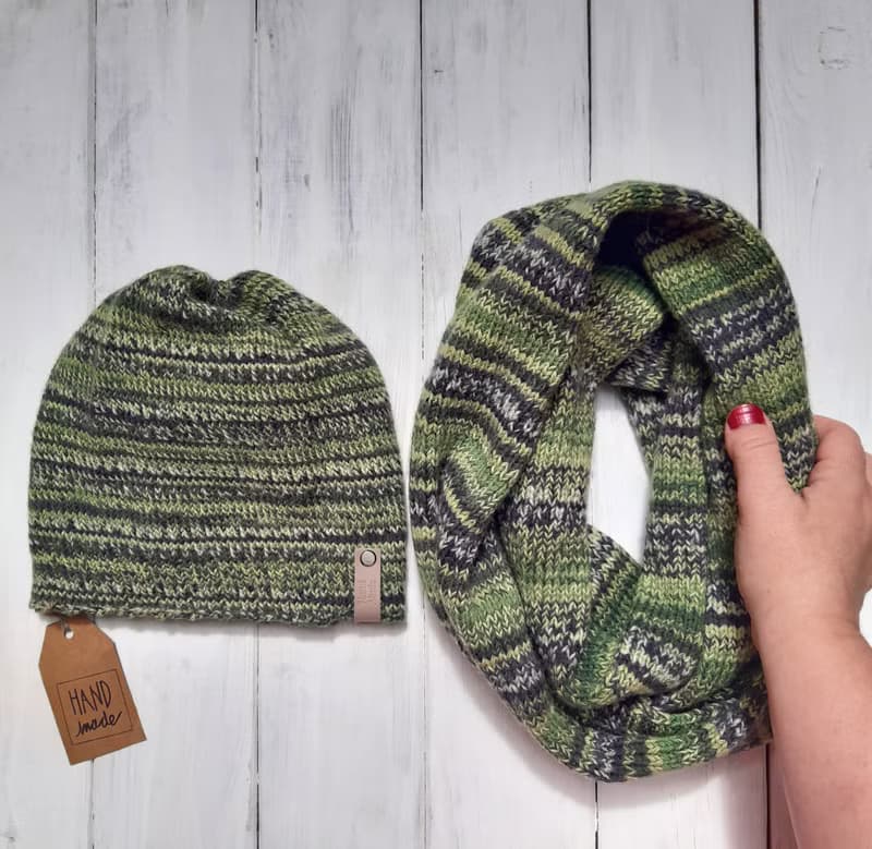 Cozy Warm Hand Knit Set Of Hat&Snood On Two Turn Green Fall Winter Wool