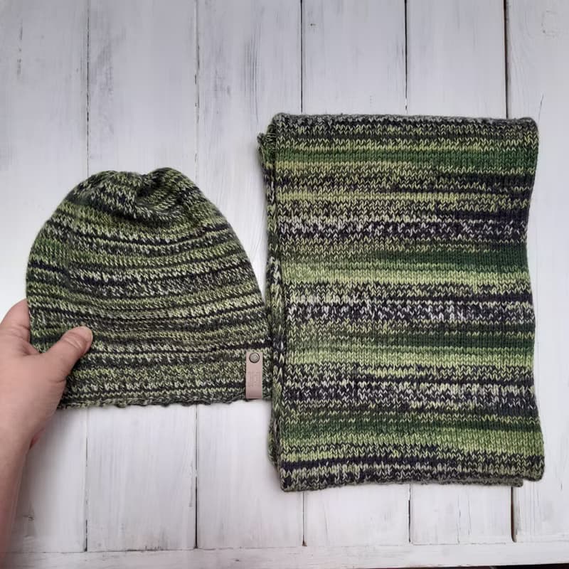 Cozy Warm Hand Knit Set Of Hat&Snood On Two Turn Green Fall Winter Wool
