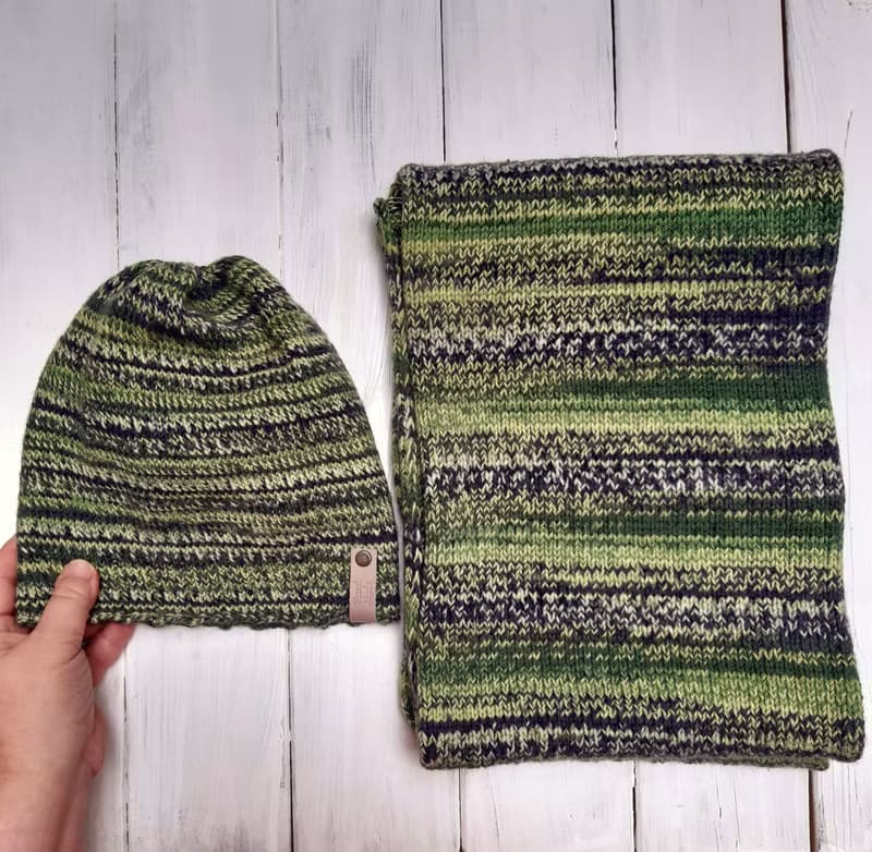 Cozy Warm Hand Knit Set Of Hat&Snood On Two Turn Green Fall Winter Wool
