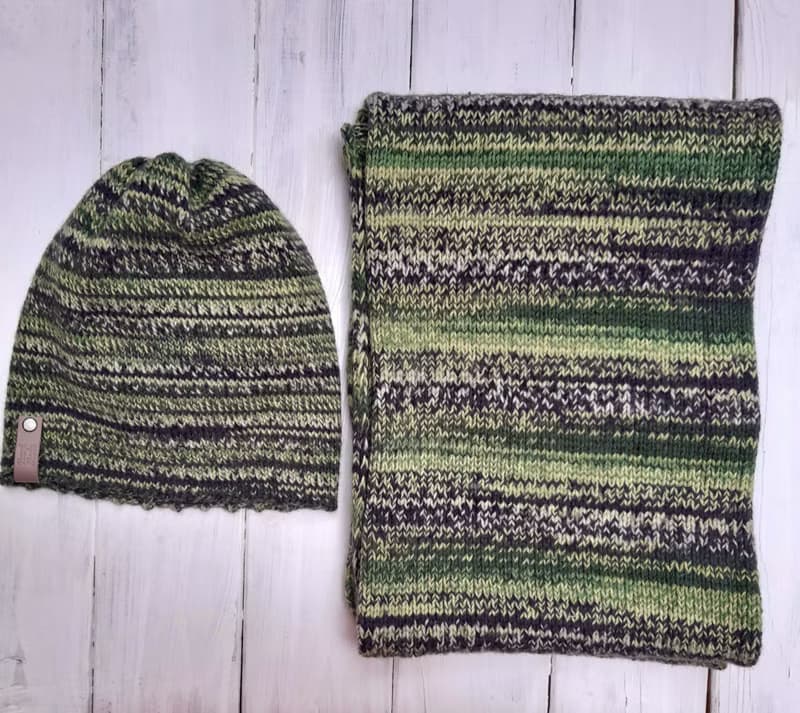 Cozy Warm Hand Knit Set Of Hat&Snood On Two Turn Green Fall Winter Wool