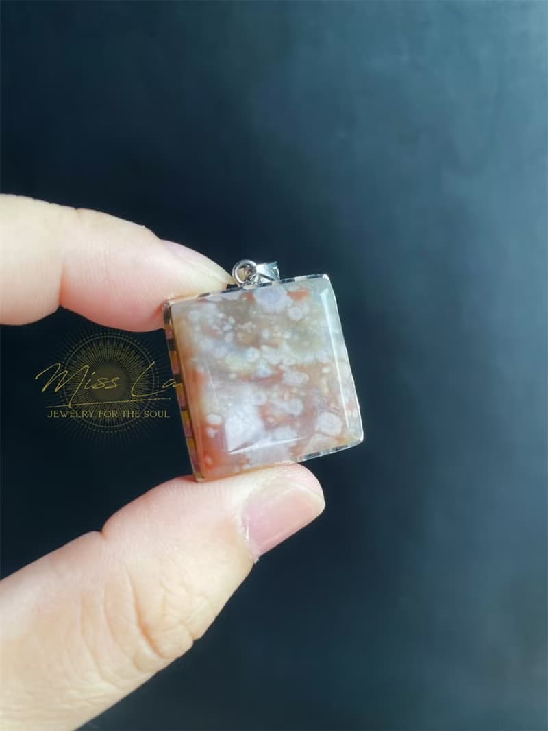 櫻花瑪瑙 方形 滿天星 意淨美 油畫 S925銀鑲 天然 禮物 項鍊