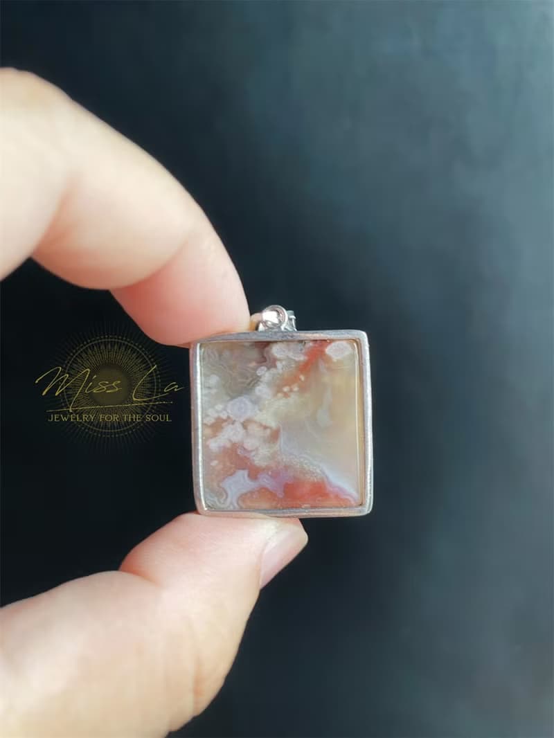櫻花瑪瑙 方形 滿天星 意淨美 油畫 S925銀鑲 天然 禮物 項鍊