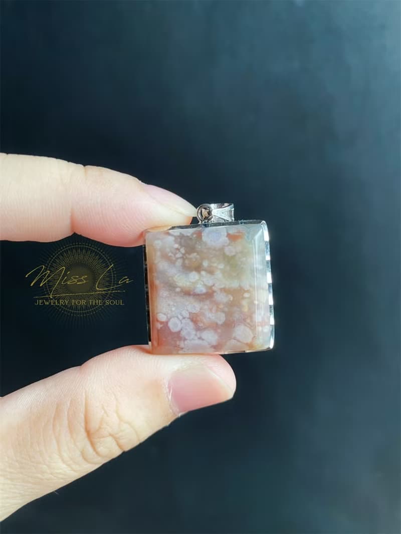櫻花瑪瑙 方形 滿天星 意淨美 油畫 S925銀鑲 天然 禮物 項鍊