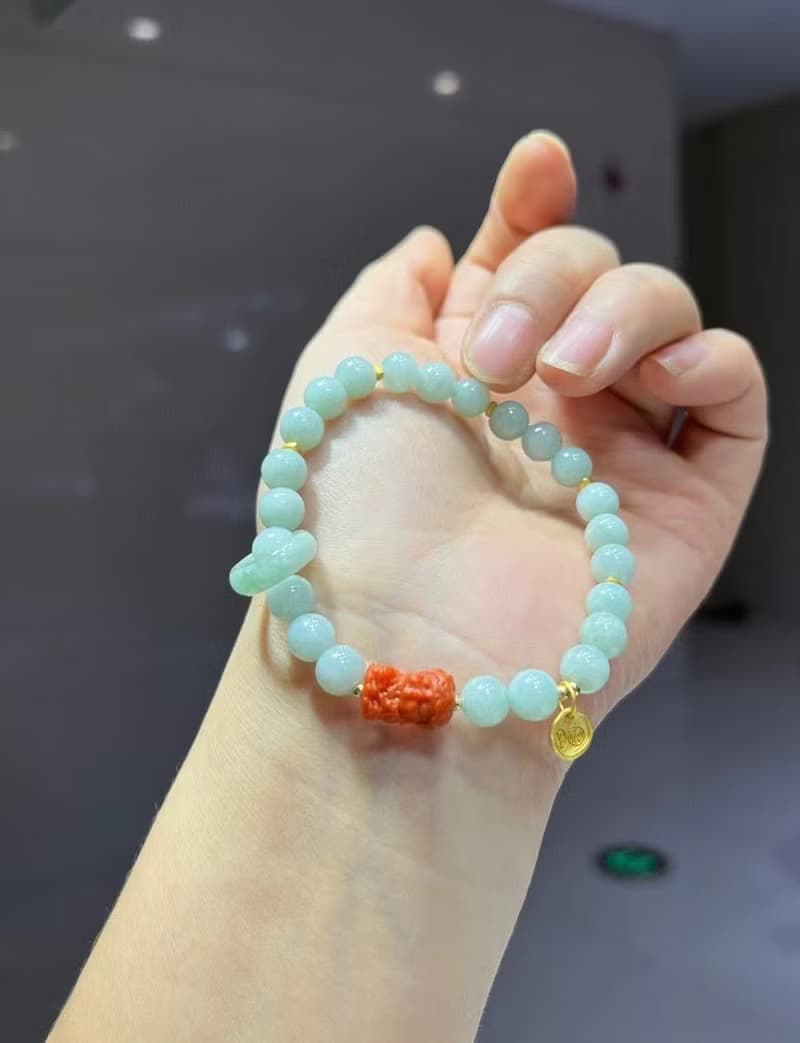 天然A貨翡翠單圈手鏈搭配南紅度母 翡翠跑環