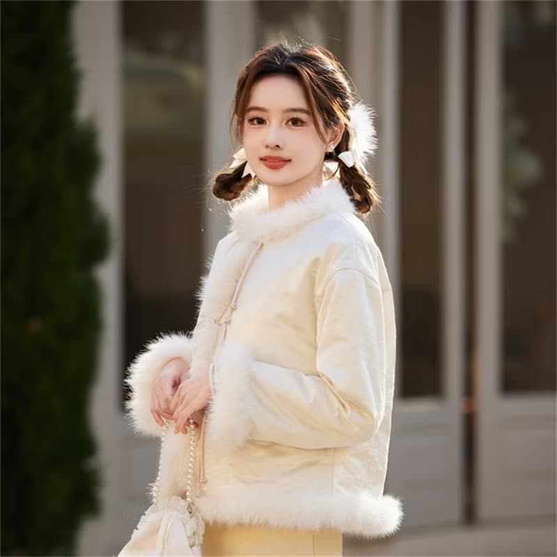 白色提花 織錦緞面秋冬夾棉盤扣唐裝外套 新中式中秋春節改良旗袍