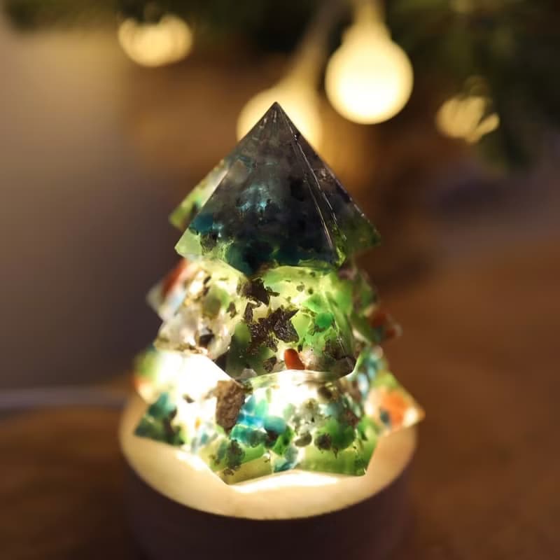 【聖誕節禮物】可愛風綠色水晶聖誕樹奧剛能量樹寶石樹小夜燈-