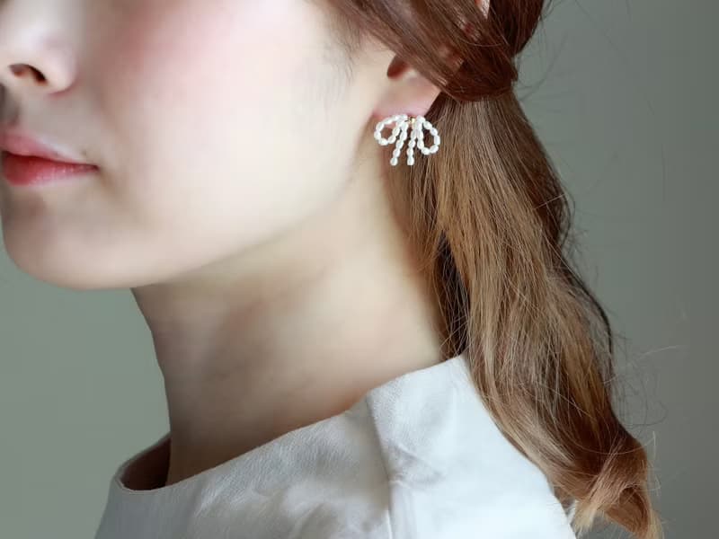 14kgf-pearl ribbon pierced earrings