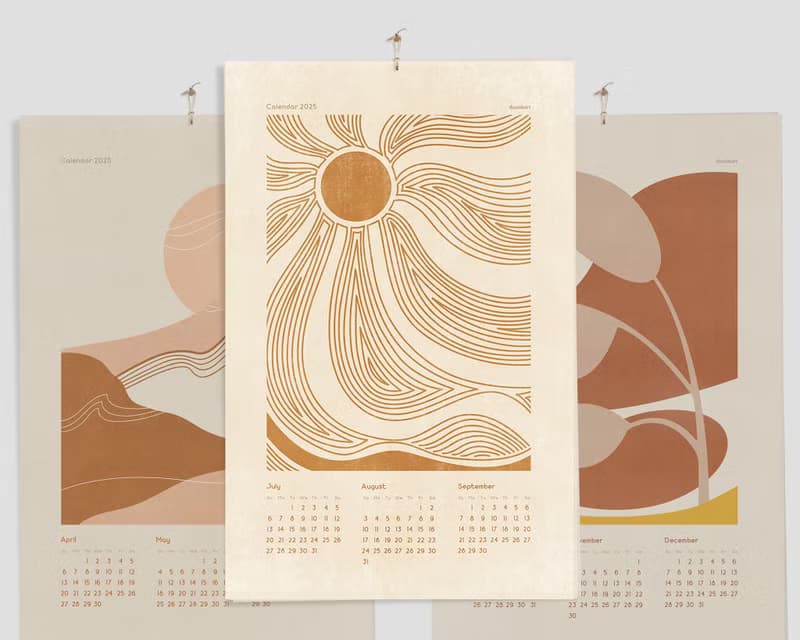 【數位】Boho 2025 Wall Printable Calendar Abstract Terracotta Beige Lines Mountains Sun