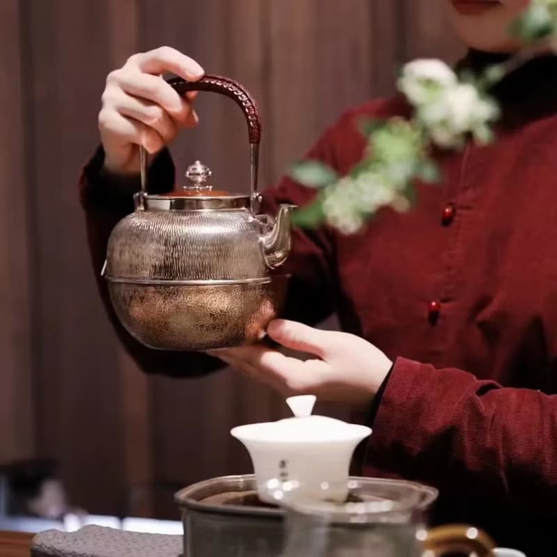 尚幀品 兔毫紋望月形銀壺 純銀湯瓶 銀壺燒水壺 1300cc