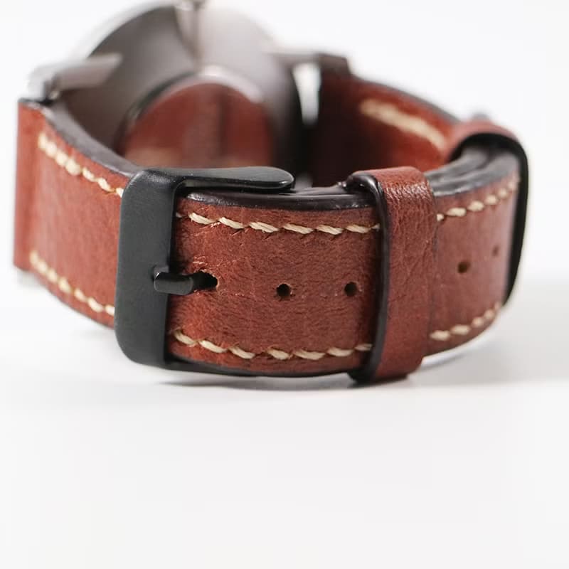 手工頭層鉻鞣皮錶帶 20mm - 荔枝紋紅棕色+卡其色線