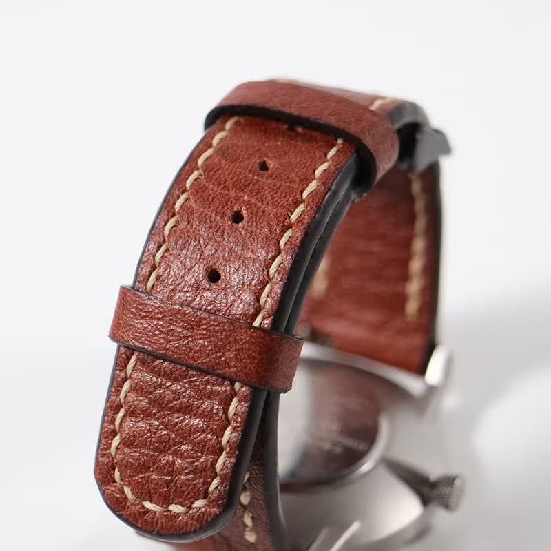手工頭層鉻鞣皮錶帶 20mm - 荔枝紋紅棕色+卡其色線