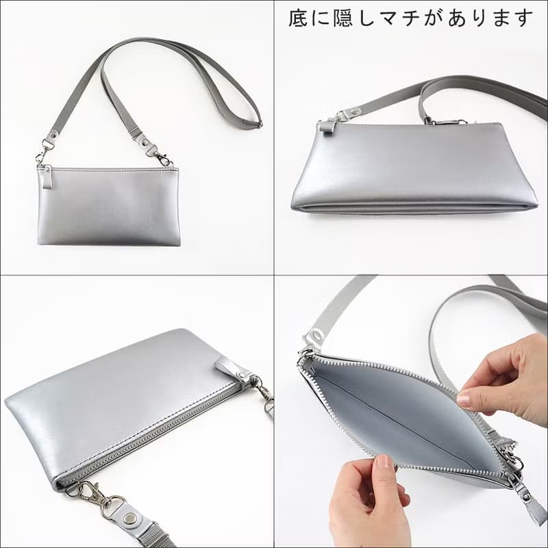 お得な セット  長財布 7色 とサコッシュ シルバー　ミニマリストさんにピッタリ  超軽量で水や傷に強い丈夫な上質人工皮革製