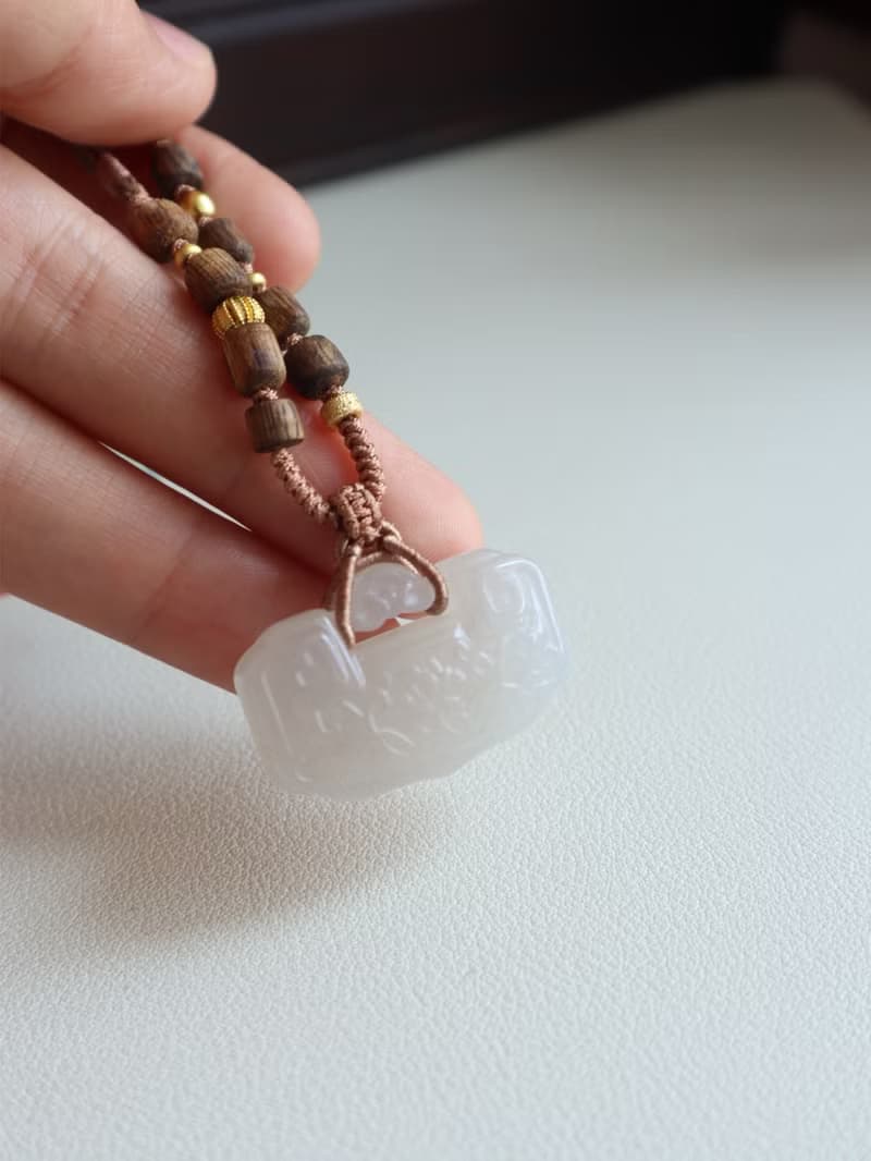 天然和田玉祥云平安鎖吊墜和田玉如意鎖項鏈冰底煙紫料玉質溫潤