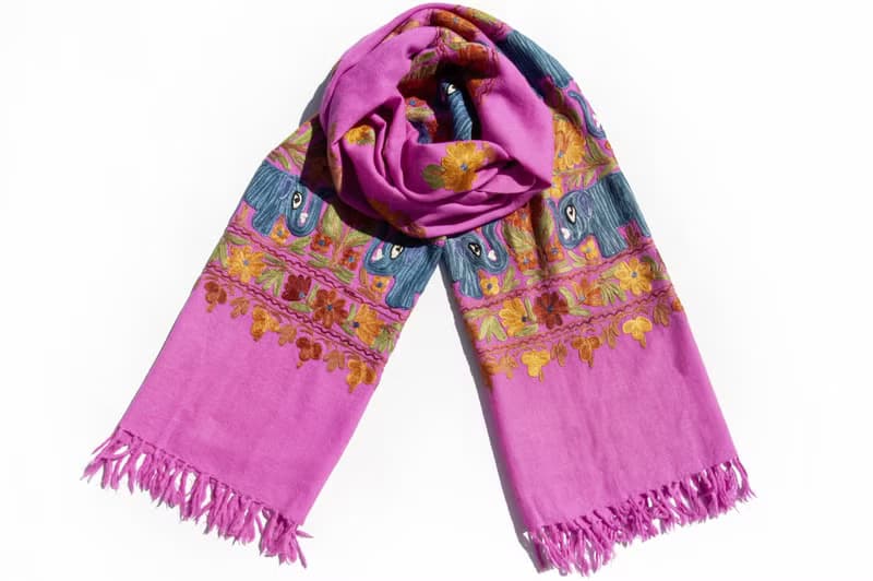 喀什米爾Cashmere 刺繡羊絨圍巾 純羊毛圍巾披巾 戒指絨披肩-大象