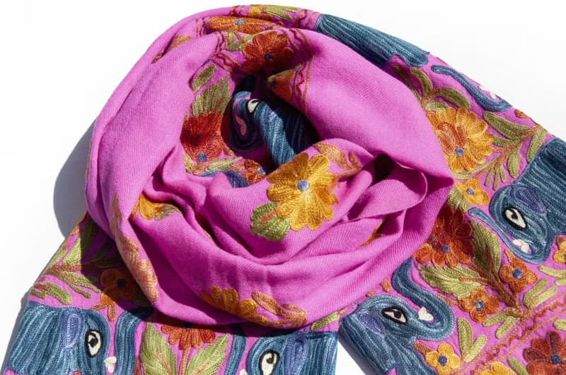 喀什米爾Cashmere 刺繡羊絨圍巾 純羊毛圍巾披巾 戒指絨披肩-大象