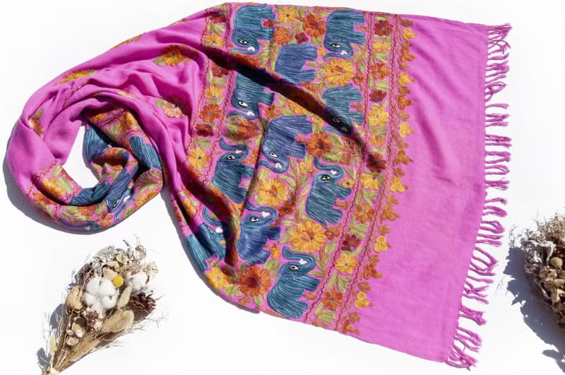喀什米爾Cashmere 刺繡羊絨圍巾 純羊毛圍巾披巾 戒指絨披肩-大象