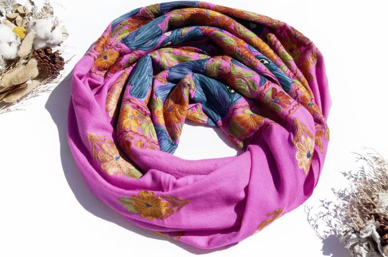 喀什米爾Cashmere 刺繡羊絨圍巾 純羊毛圍巾披巾 戒指絨披肩-大象