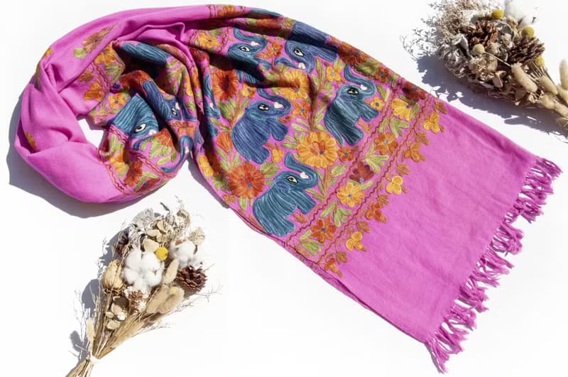 喀什米爾Cashmere 刺繡羊絨圍巾 純羊毛圍巾披巾 戒指絨披肩-大象