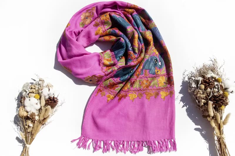 喀什米爾Cashmere 刺繡羊絨圍巾 純羊毛圍巾披巾 戒指絨披肩-大象