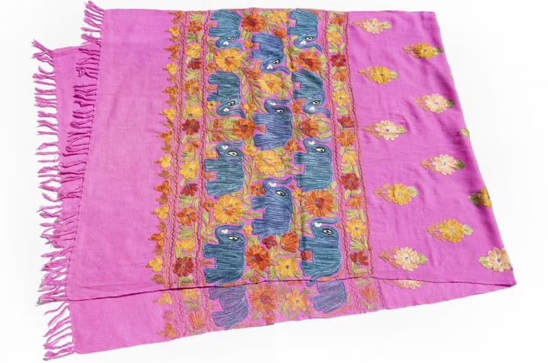 喀什米爾Cashmere 刺繡羊絨圍巾 純羊毛圍巾披巾 戒指絨披肩-大象