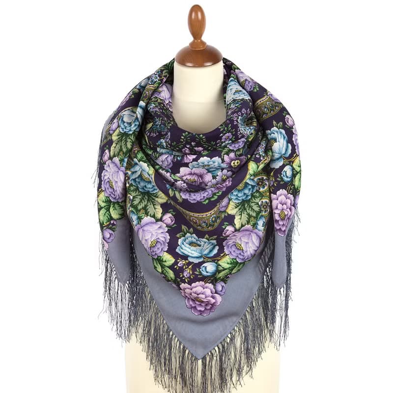 Pavlovo Posad Russian Shawl 100% Wool Scarf Wrap Silk Fringe 125x125 cm 2000-1