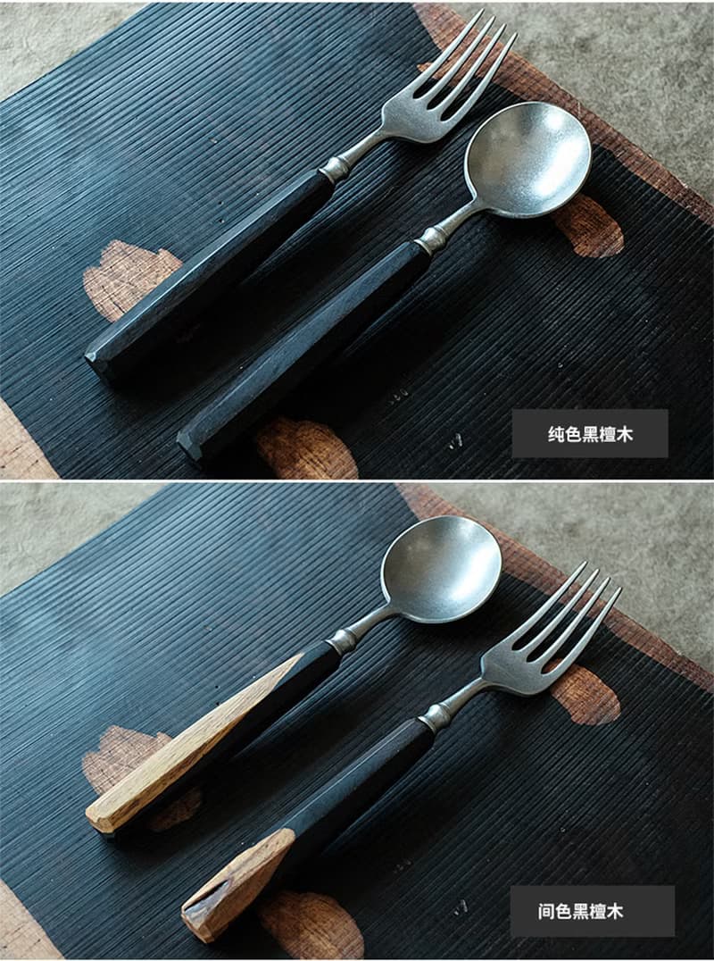 手工黑檀木勺子長柄大號復古日式吃飯勺實木勺子家用不鏽鋼湯勺叉