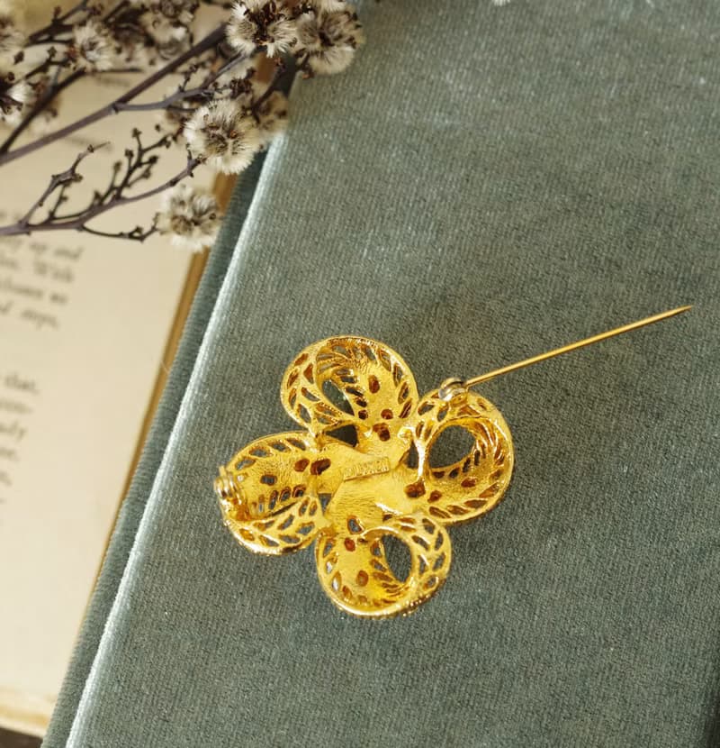 -古董金色蕾絲雕花四葉草幸運草別針夾式耳環 套組 Lisner