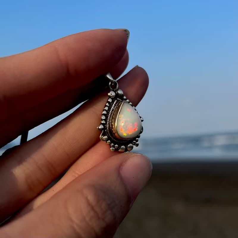 喜迎瑤 925銀 歐泊 蛋白石 水晶 天然石 項鍊 民族風 復古 Opal