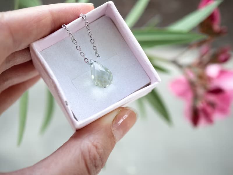 Green Amethyst Teardrop Necklace, 925 Silver, Gemini, Aquarius Crystal Gift