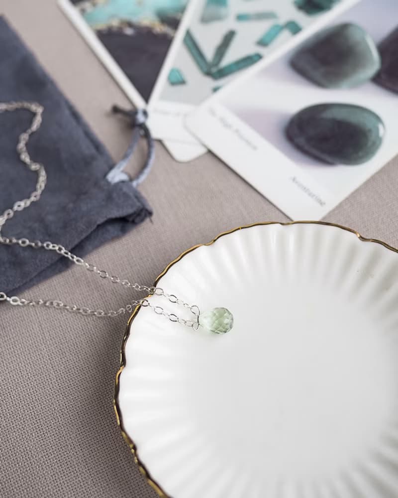 Green Amethyst Teardrop Necklace, 925 Silver, Gemini, Aquarius Crystal Gift
