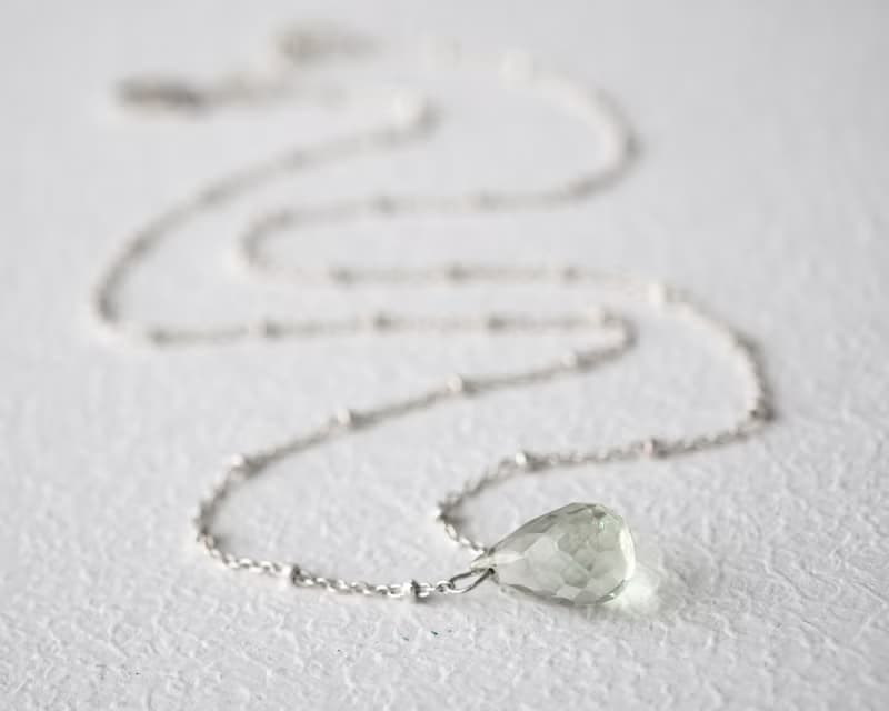 Green Amethyst Teardrop Necklace, 925 Silver, Gemini, Aquarius Crystal Gift