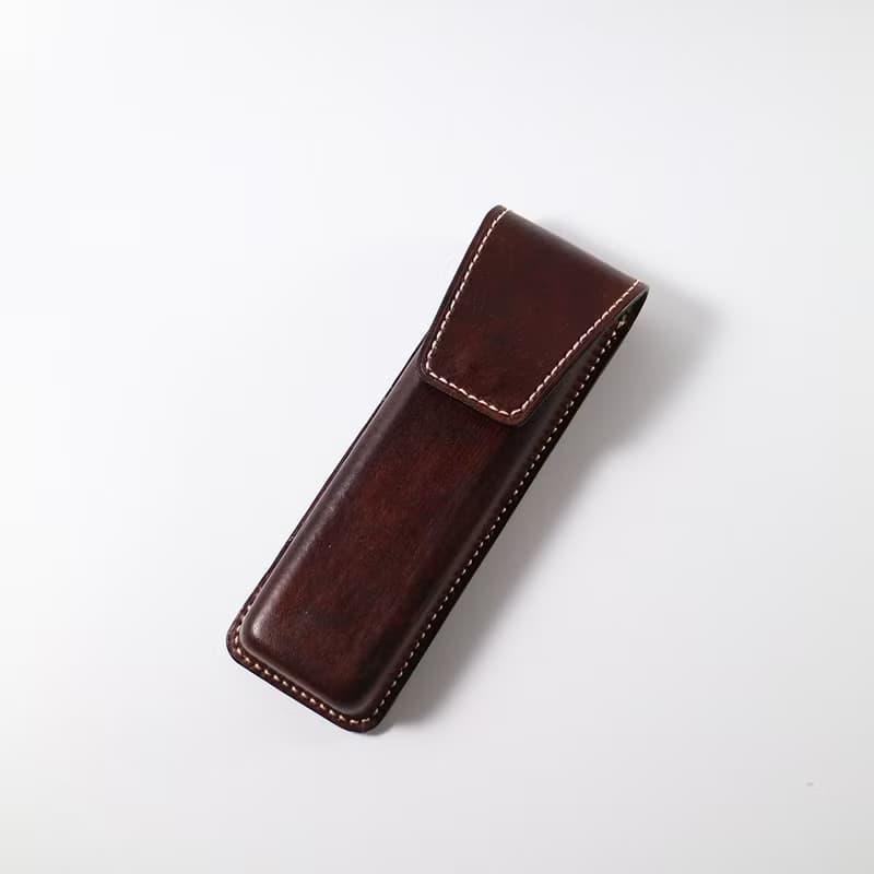 硬式日本傳統色手染真皮筆盒 筆袋 筆匣 鋼筆盒 2X--黑茶色