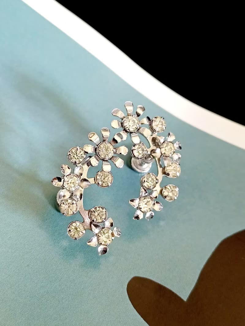 vintage jewelry 典雅亮銀攀枝萊茵花卉 夾式耳環