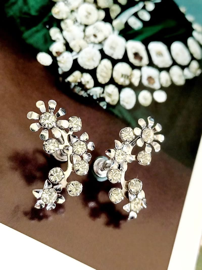 vintage jewelry 典雅亮銀攀枝萊茵花卉 夾式耳環