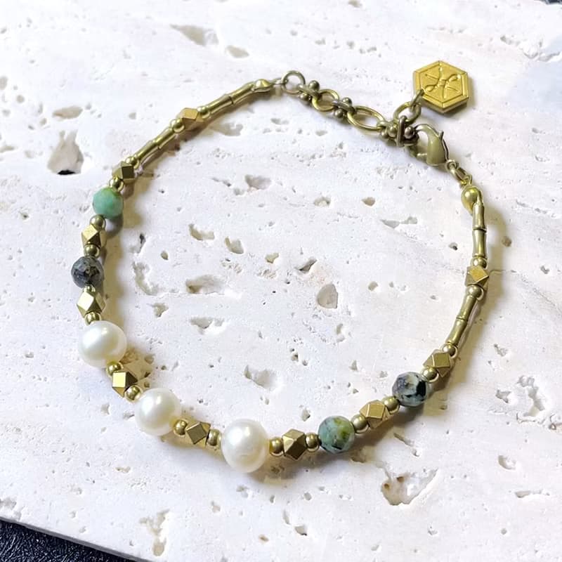 VIIART。春意 。天然珍珠綠松石黃銅手環手鍊