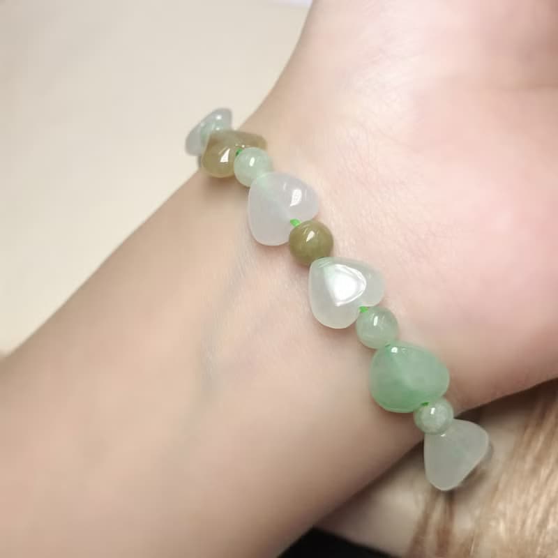 冰種多彩翡翠愛心手串手鍊 | 天然緬甸玉A貨翡翠 | 送禮