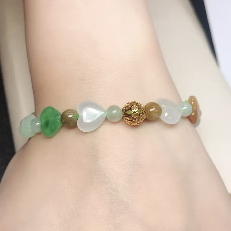 冰種多彩翡翠愛心手串手鍊 | 天然緬甸玉A貨翡翠 | 送禮