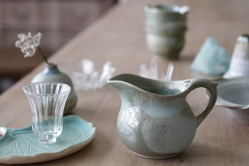 手工上釉藍綠色旋坯茶海
