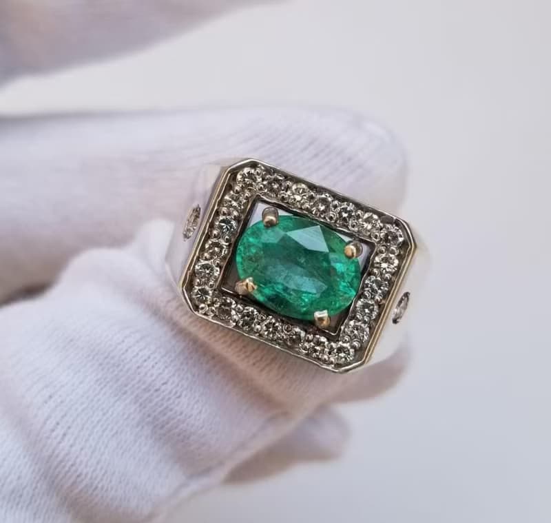 Natural Deep Green Emerald Mens Ring Sterling Silver 925 Emerald Ring For Men